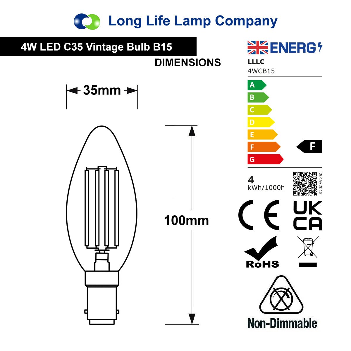 Filament Vintage 4w LED Candle Light Bulb B15 Small Bayonet Clear Glass - Energy Light Bulbs - Free delivery on all orders