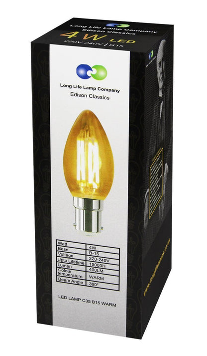 Filament Vintage 4w LED Candle Light Bulb B15 Small Bayonet Clear Glass - Energy Light Bulbs - Free delivery on all orders
