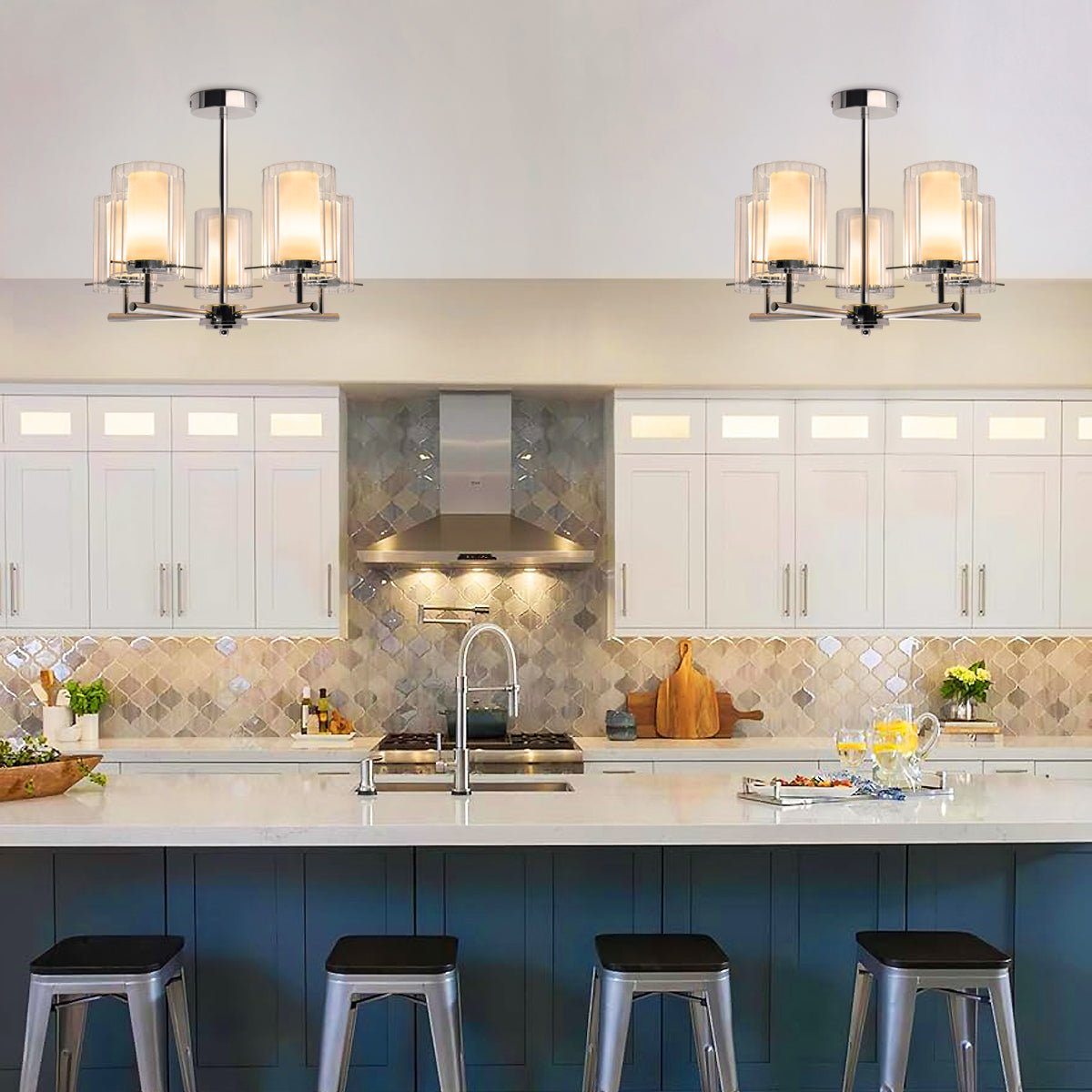 Fixed 5 Lights Chrome Ceiling Light Semi Flush Glass Shade Lantern Chandelier - Energy Light Bulbs - Free delivery on all orders