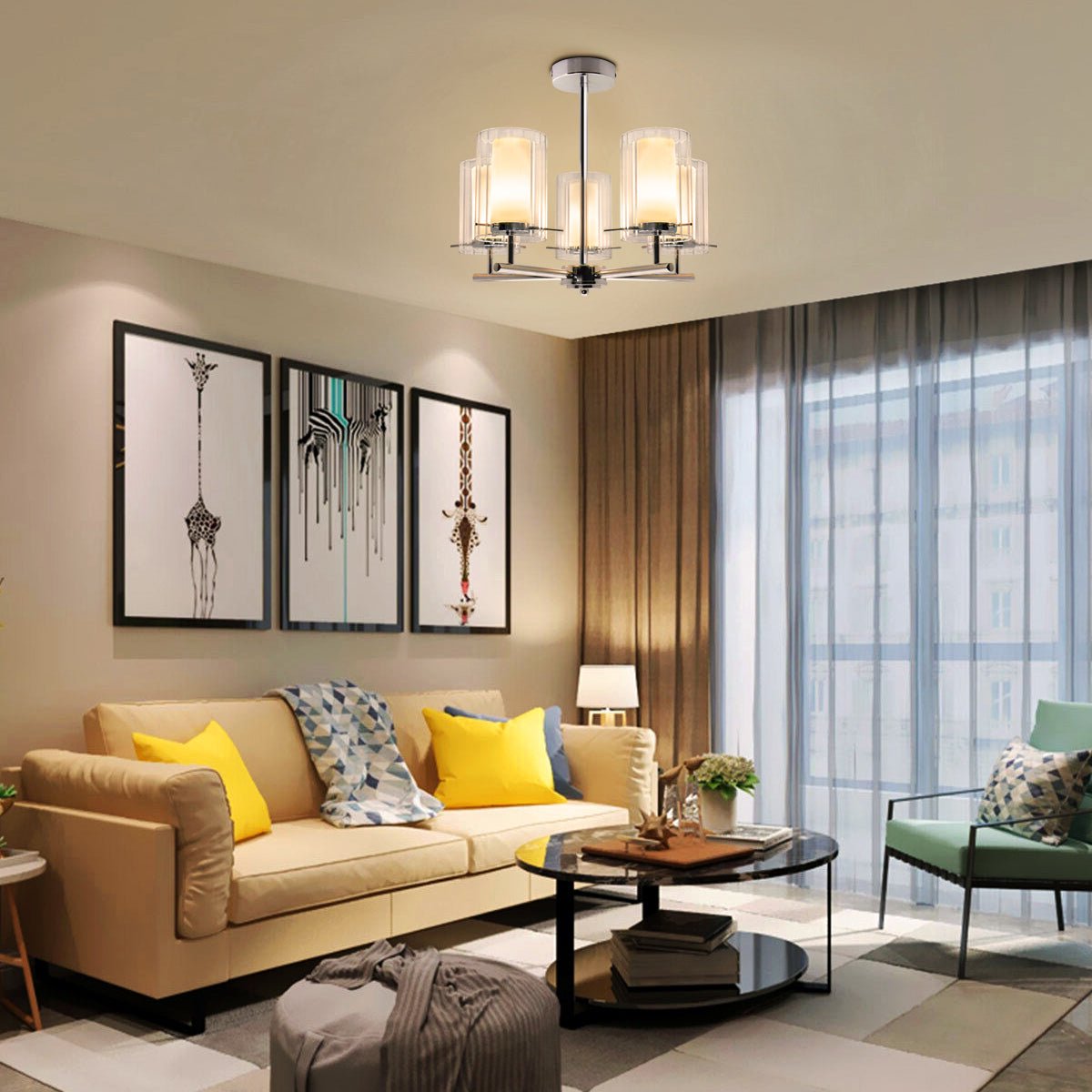 Fixed 5 Lights Chrome Ceiling Light Semi Flush Glass Shade Lantern Chandelier - Energy Light Bulbs - Free delivery on all orders