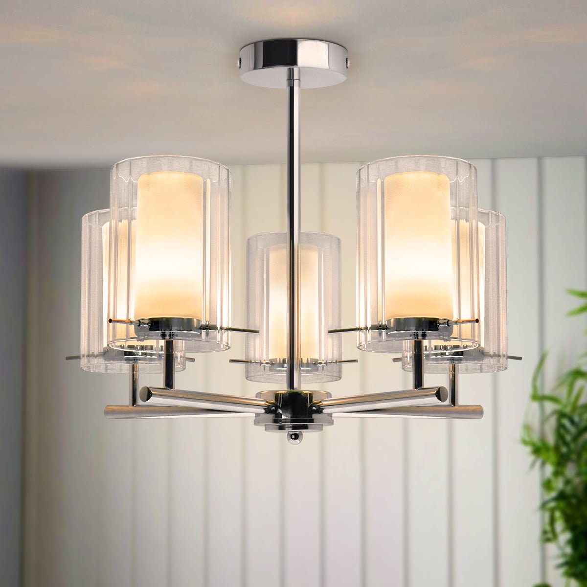 Fixed 5 Lights Chrome Ceiling Light Semi Flush Glass Shade Lantern Chandelier - Energy Light Bulbs - Free delivery on all orders