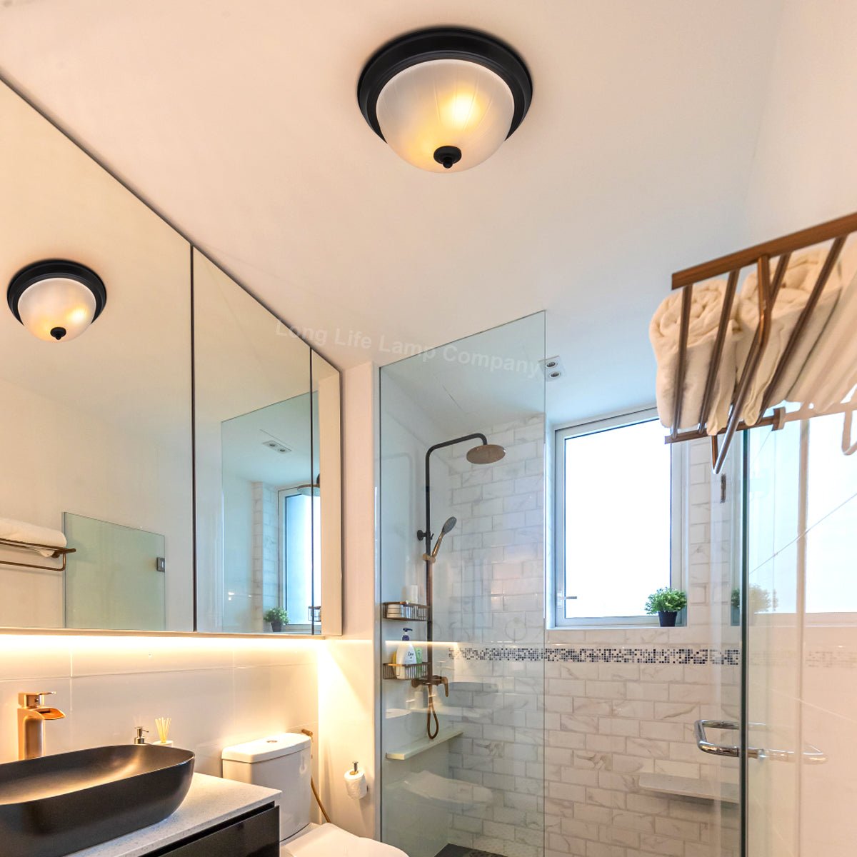 Flush Fitting Black Ceiling Light Frosted Glass Dome Shade Metal Surround IP44 - Energy Light Bulbs - Free delivery on all orders