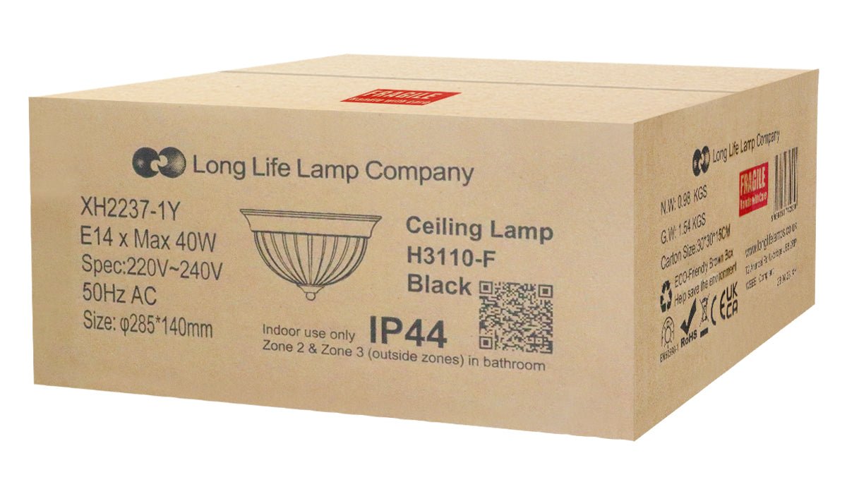 Flush Fitting Black Ceiling Light Frosted Glass Dome Shade Metal Surround IP44 - Energy Light Bulbs - Free delivery on all orders