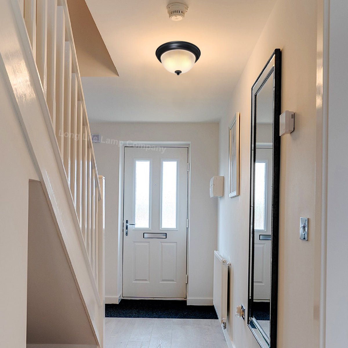 Flush Fitting Black Ceiling Light Frosted Glass Dome Shade Metal Surround IP44 - Energy Light Bulbs - Free delivery on all orders
