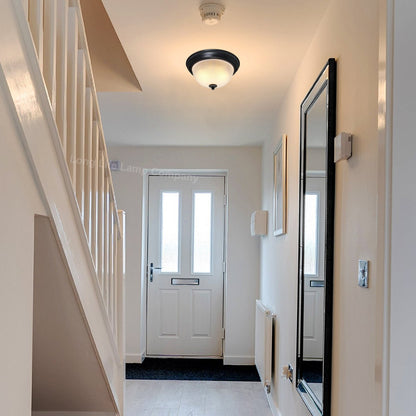 Flush Fitting Black Ceiling Light Frosted Glass Dome Shade Metal Surround IP44 - Energy Light Bulbs - Free delivery on all orders