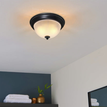 Flush Fitting Black Ceiling Light Frosted Glass Dome Shade Metal Surround IP44 - Energy Light Bulbs - Free delivery on all orders