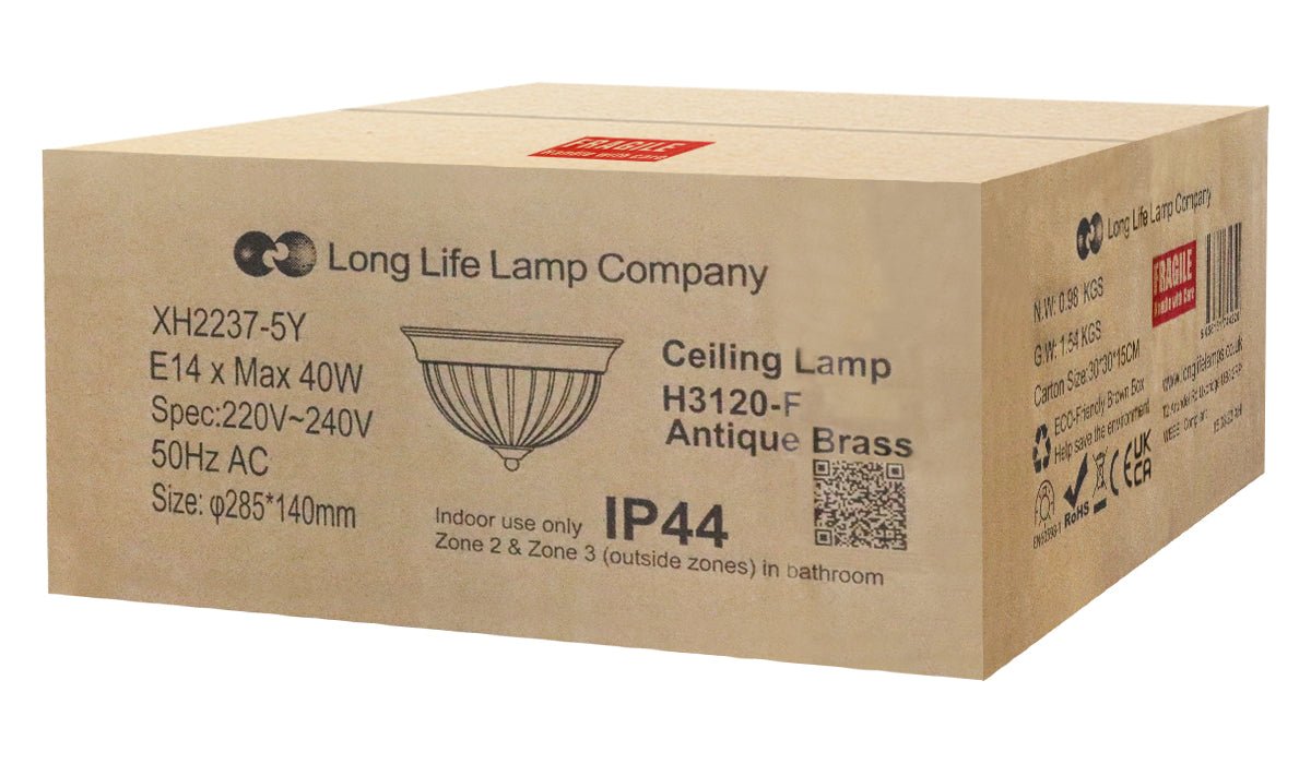 Flush Fitting Brass Ceiling Light Frosted Glass Dome Shade Metal Surround IP44 - Energy Light Bulbs - Free delivery on all orders