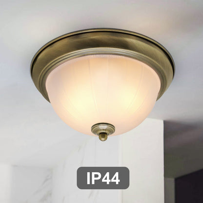 Flush Fitting Brass Ceiling Light Frosted Glass Dome Shade Metal Surround IP44 - Energy Light Bulbs - Free delivery on all orders