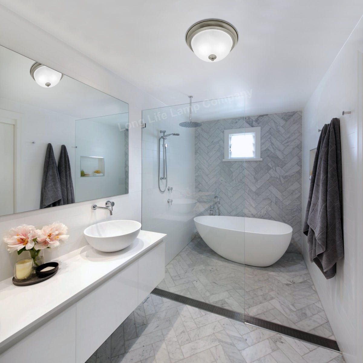Flush Fitting Brush Chrome Ceiling Light Frosted Glass Dome Shade Metal Surround IP44 - Energy Light Bulbs - Free delivery on all orders
