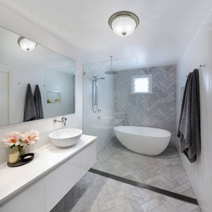 Flush Fitting Brush Chrome Ceiling Light Frosted Glass Dome Shade Metal Surround IP44 - Energy Light Bulbs - Free delivery on all orders
