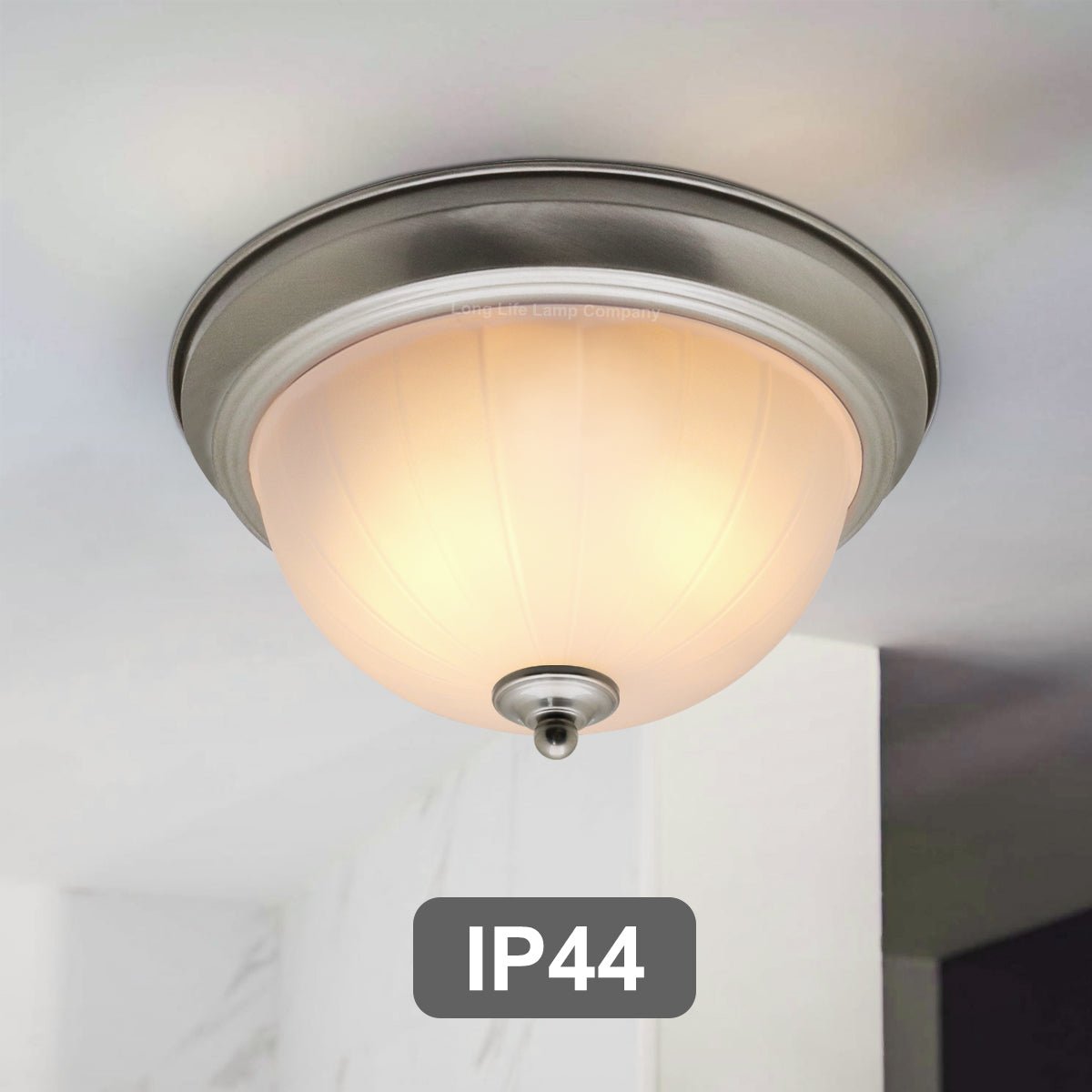 Flush Fitting Brush Chrome Ceiling Light Frosted Glass Dome Shade Metal Surround IP44 - Energy Light Bulbs - Free delivery on all orders