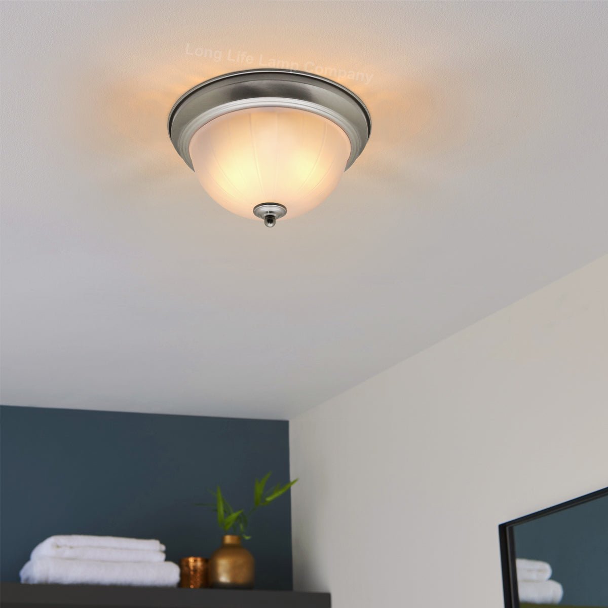 Flush Fitting Brush Chrome Ceiling Light Frosted Glass Dome Shade Metal Surround IP44 - Energy Light Bulbs - Free delivery on all orders