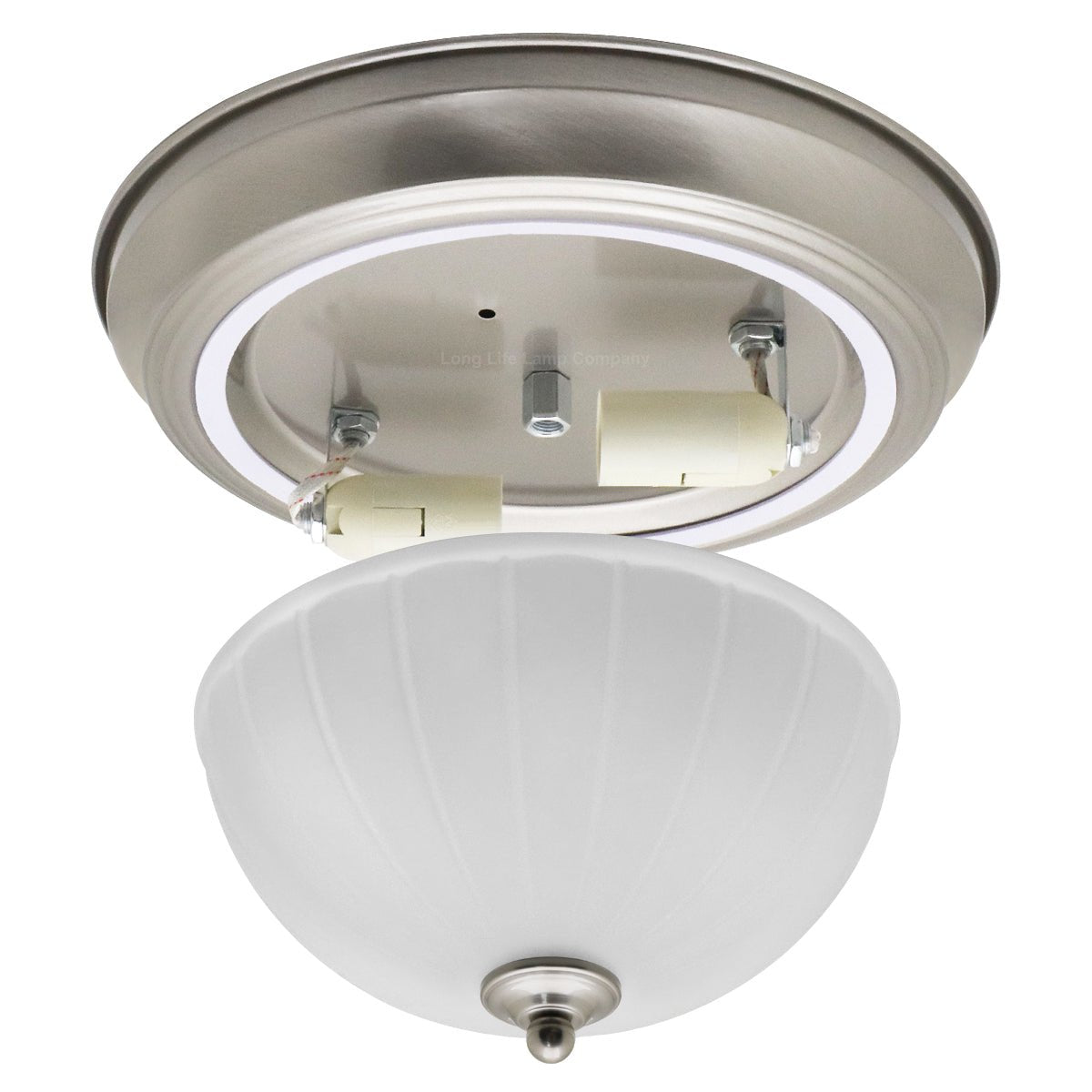 Flush Fitting Brush Chrome Ceiling Light Frosted Glass Dome Shade Metal Surround IP44 - Energy Light Bulbs - Free delivery on all orders