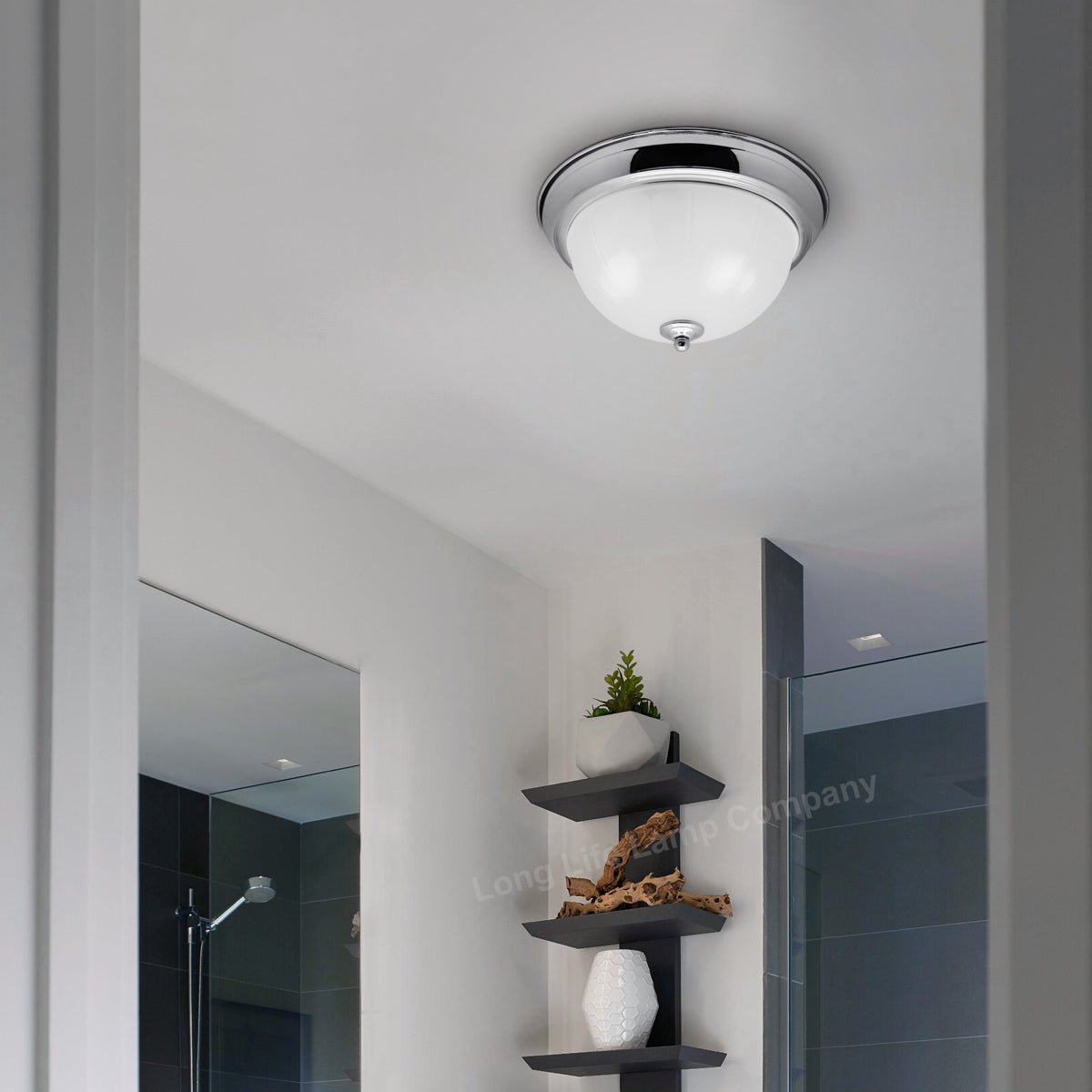 Flush Fitting Chrome Ceiling Light Frosted Glass Dome Shade Metal Surround IP44 - Energy Light Bulbs - Free delivery on all orders