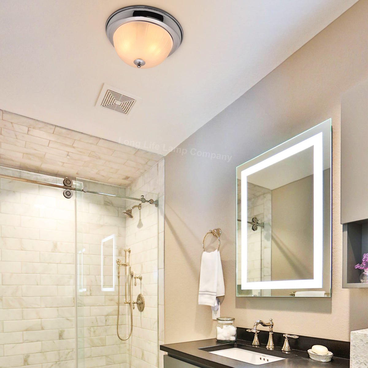 Flush Fitting Chrome Ceiling Light Frosted Glass Dome Shade Metal Surround IP44 - Energy Light Bulbs - Free delivery on all orders