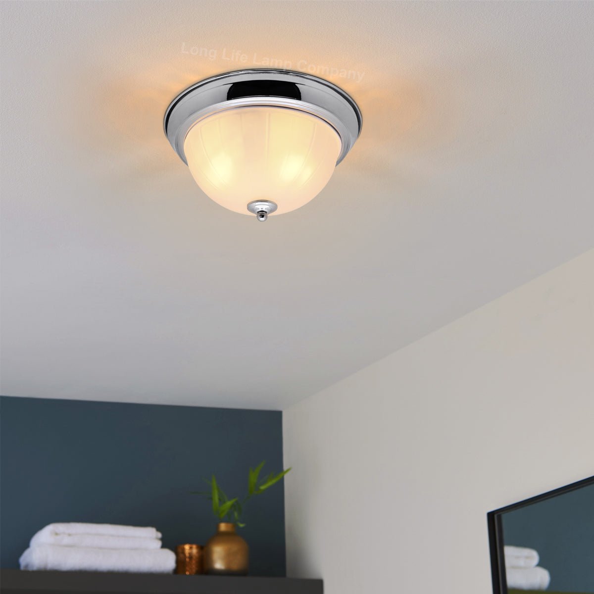 Flush Fitting Chrome Ceiling Light Frosted Glass Dome Shade Metal Surround IP44 - Energy Light Bulbs - Free delivery on all orders