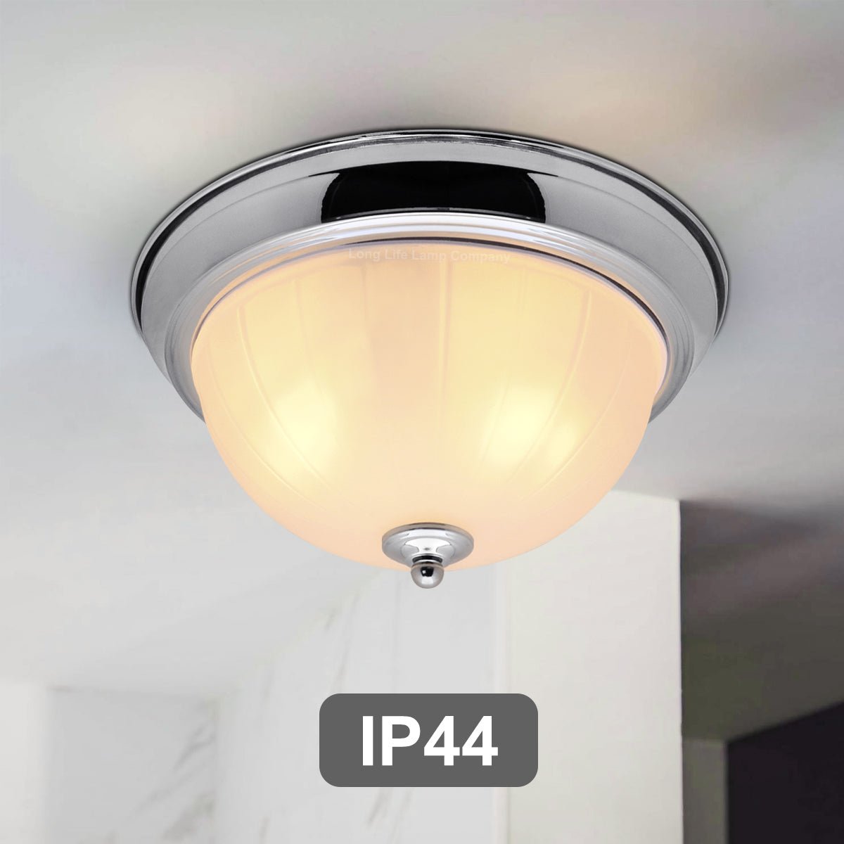 Flush Fitting Chrome Ceiling Light Frosted Glass Dome Shade Metal Surround IP44 - Energy Light Bulbs - Free delivery on all orders