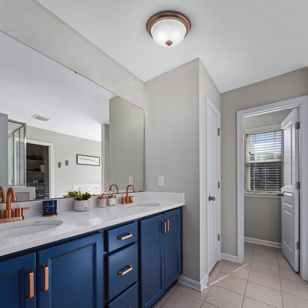 Flush Fitting Copper Ceiling Light Frosted Glass Dome Shade Metal Surround IP44 - Energy Light Bulbs - Free delivery on all orders