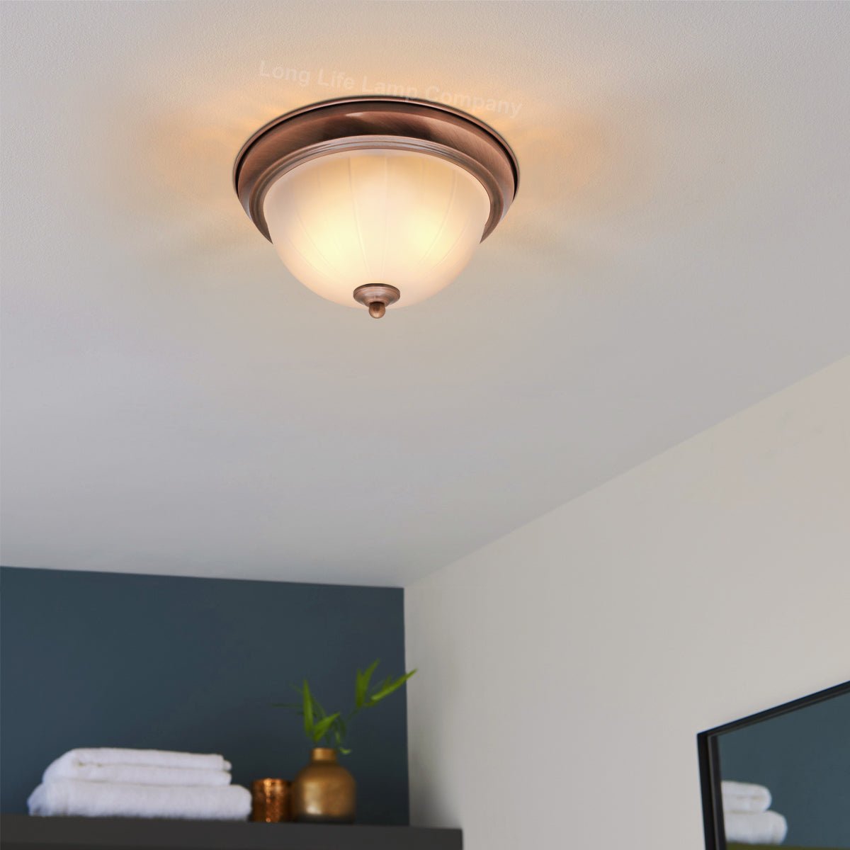 Flush Fitting Copper Ceiling Light Frosted Glass Dome Shade Metal Surround IP44 - Energy Light Bulbs - Free delivery on all orders