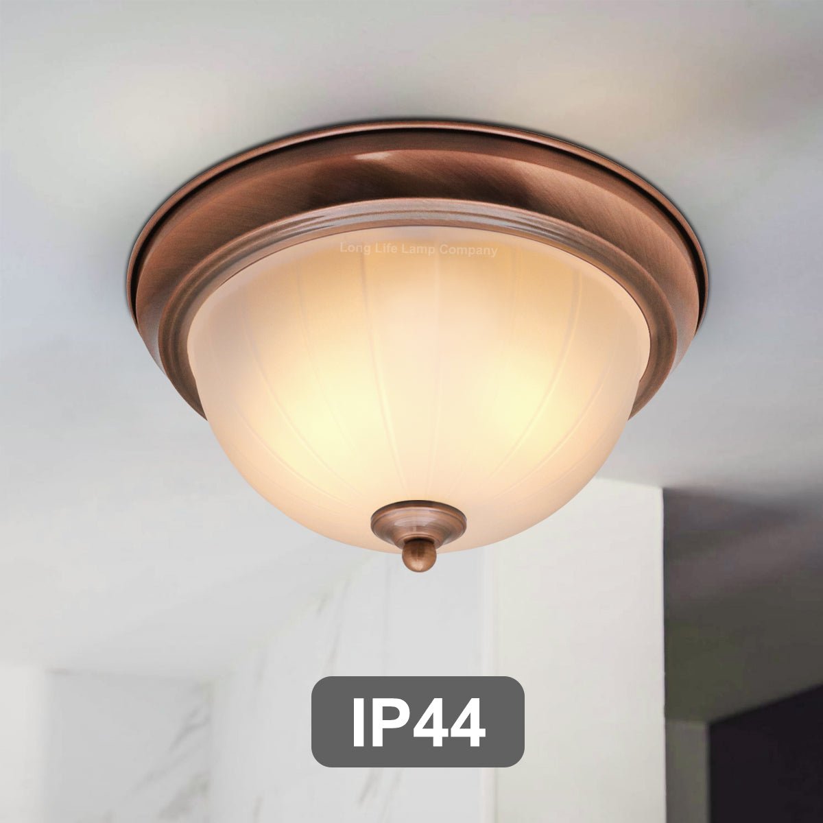 Flush Fitting Copper Ceiling Light Frosted Glass Dome Shade Metal Surround IP44 - Energy Light Bulbs - Free delivery on all orders