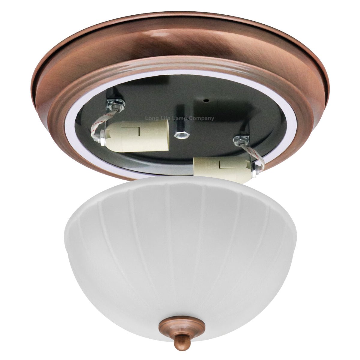Flush Fitting Copper Ceiling Light Frosted Glass Dome Shade Metal Surround IP44 - Energy Light Bulbs - Free delivery on all orders
