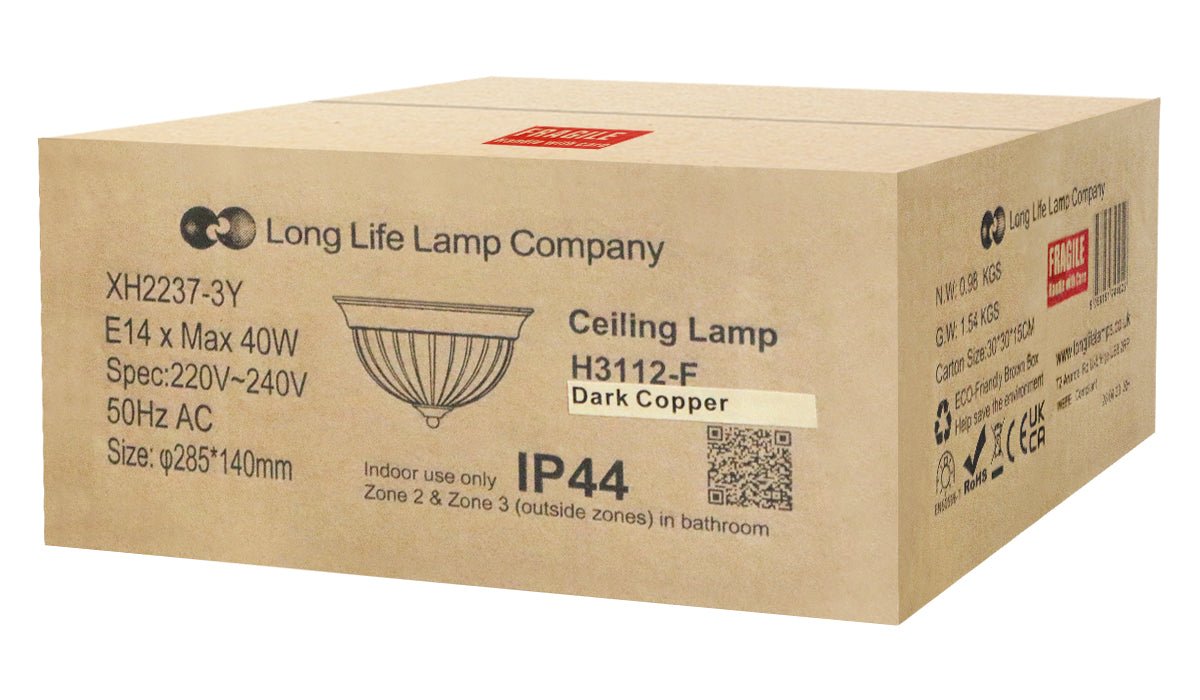 Flush Fitting Copper Ceiling Light Frosted Glass Dome Shade Metal Surround IP44 - Energy Light Bulbs - Free delivery on all orders
