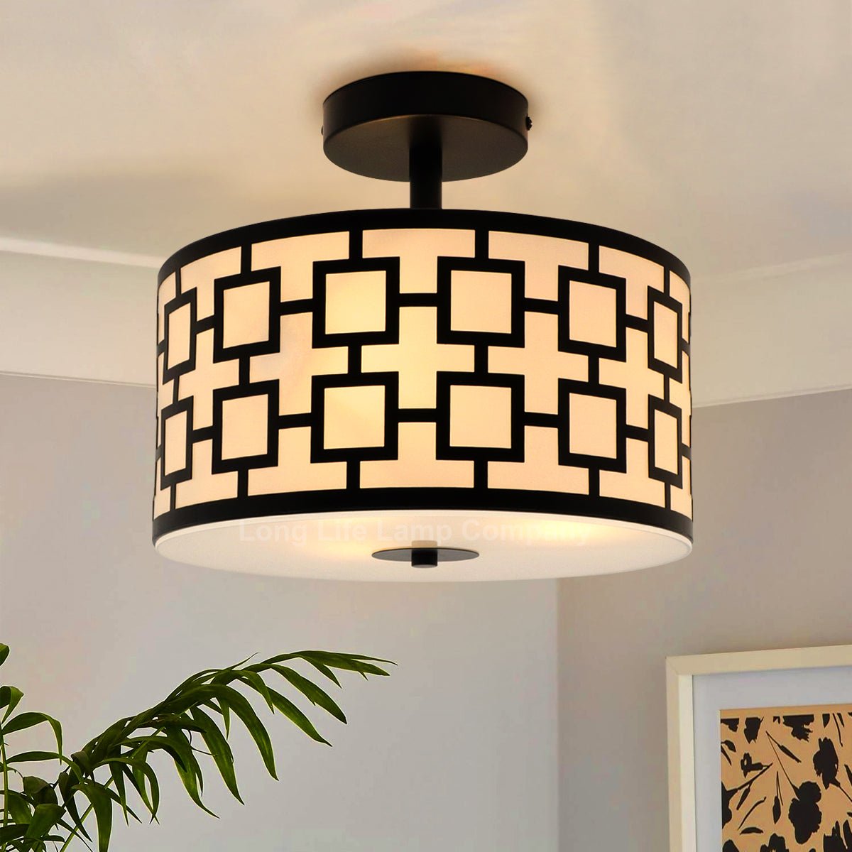 Frosted Glass Ceiling Light Flush Mount Drum Lamp Shade Black Chequered - Energy Light Bulbs - Free delivery on all orders