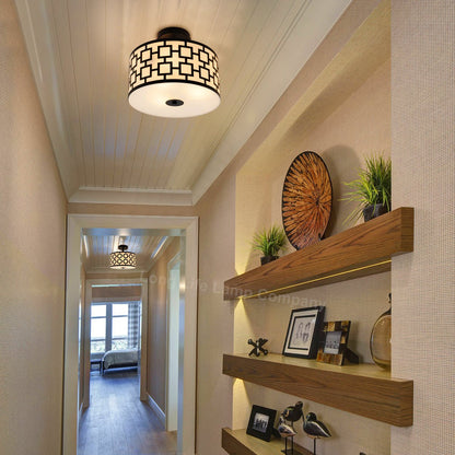 Frosted Glass Ceiling Light Flush Mount Drum Lamp Shade Black Chequered - Energy Light Bulbs - Free delivery on all orders