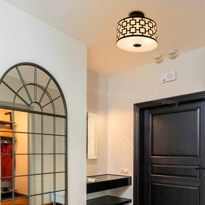 Frosted Glass Ceiling Light Flush Mount Drum Lamp Shade Black Chequered - Energy Light Bulbs - Free delivery on all orders