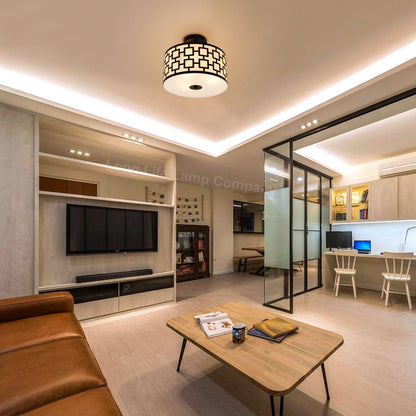 Frosted Glass Ceiling Light Flush Mount Drum Lamp Shade Black Chequered - Energy Light Bulbs - Free delivery on all orders