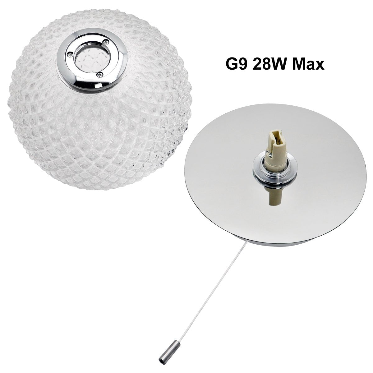 Frosted Glass Pinecone Sphere Globe Wall Light Chrome with Pull Cord - Energy Light Bulbs - Free delivery on all orders