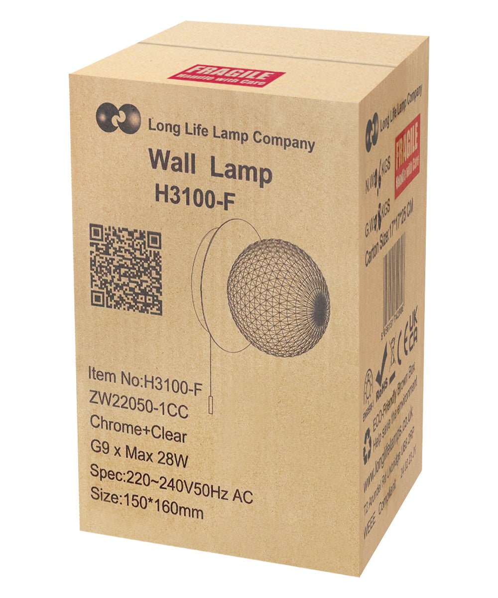 Frosted Glass Pinecone Sphere Globe Wall Light Chrome with Pull Cord - Energy Light Bulbs - Free delivery on all orders