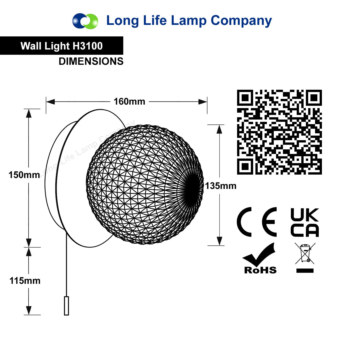 Frosted Glass Pinecone Sphere Globe Wall Light Chrome with Pull Cord - Energy Light Bulbs - Free delivery on all orders