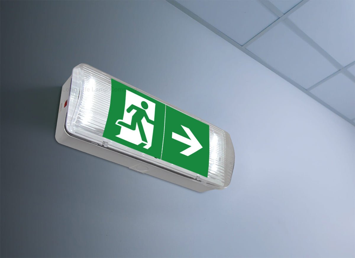 Glass Emergency LED Light Bulkhead with Green Man Fire Exit Sleeve Celling or Wall Mount - Energy Light Bulbs - Free delivery on all orders