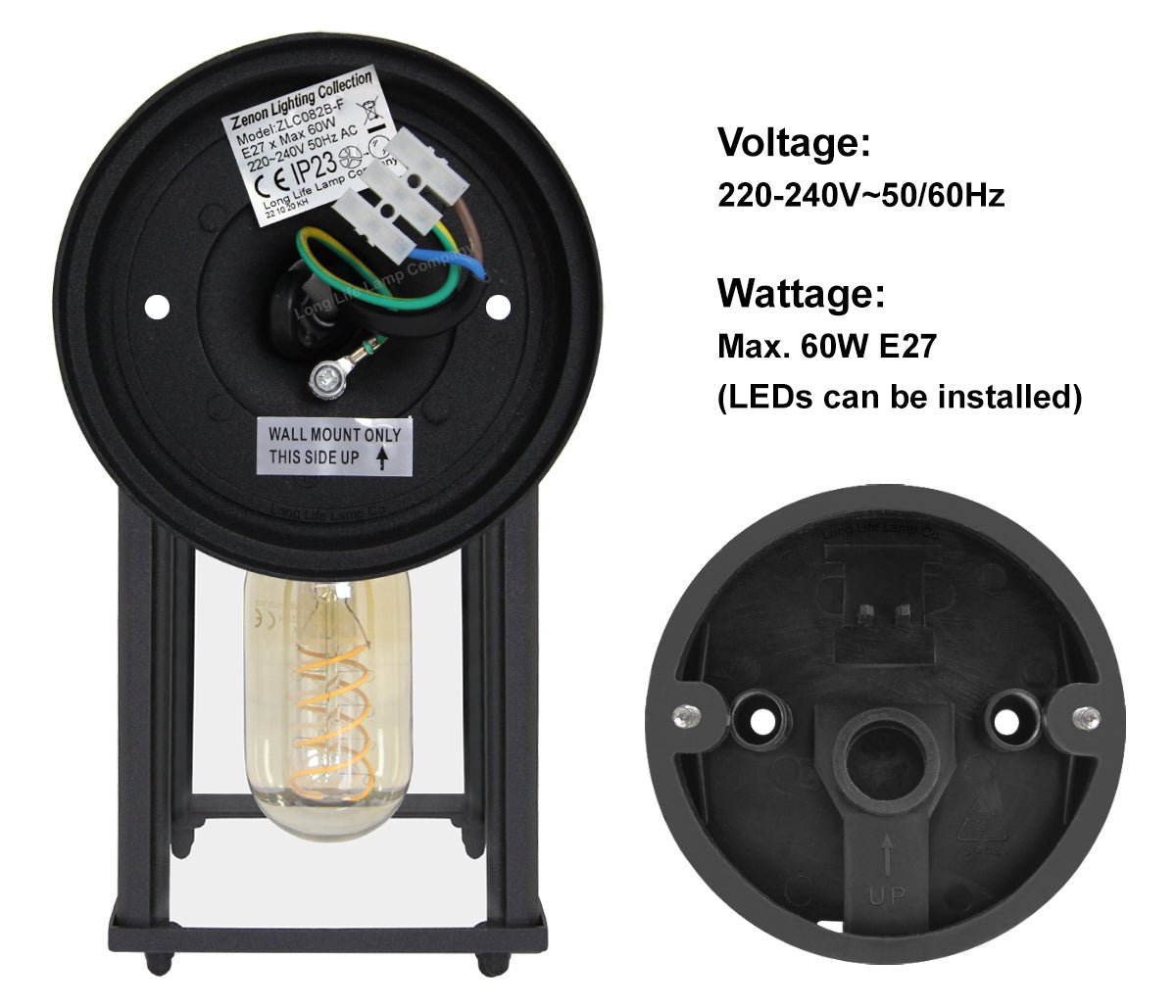Glass Wall Lantern Outdoor Garden Wall Light Black Body Metal Luminaire - Energy Light Bulbs - Free delivery on all orders