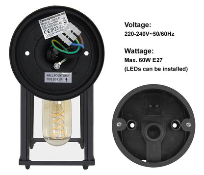 Glass Wall Lantern Outdoor Garden Wall Light Black Body Metal Luminaire - Energy Light Bulbs - Free delivery on all orders