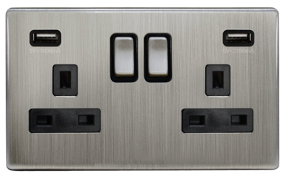 Gloss Brush Chrome USB Double Wall Plug Socket 2 Gang 13A with 2 USB Charger Port Outlets Socket Plate N776DME - Energy Light Bulbs - Free delivery on all orders
