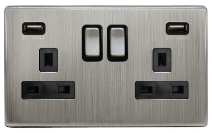 Gloss Brush Chrome USB Double Wall Plug Socket 2 Gang 13A with 2 USB Charger Port Outlets Socket Plate N776DME - Energy Light Bulbs - Free delivery on all orders