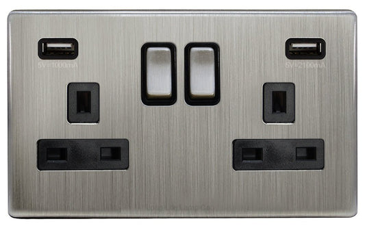 Gloss Brush Chrome USB Double Wall Plug Socket 2 Gang 13A with 2 USB Charger Port Outlets Socket Plate N776DME - Energy Light Bulbs - Free delivery on all orders