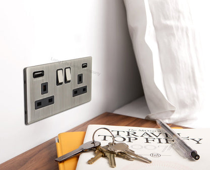 Gloss Brush Chrome USB Double Wall Plug Socket 2 Gang 13A with 2 USB Charger Port Outlets Socket Plate N776DME - Energy Light Bulbs - Free delivery on all orders