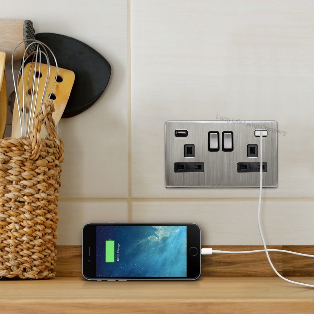 Gloss Brush Chrome USB Double Wall Plug Socket 2 Gang 13A with 2 USB Charger Port Outlets Socket Plate N776DME - Energy Light Bulbs - Free delivery on all orders