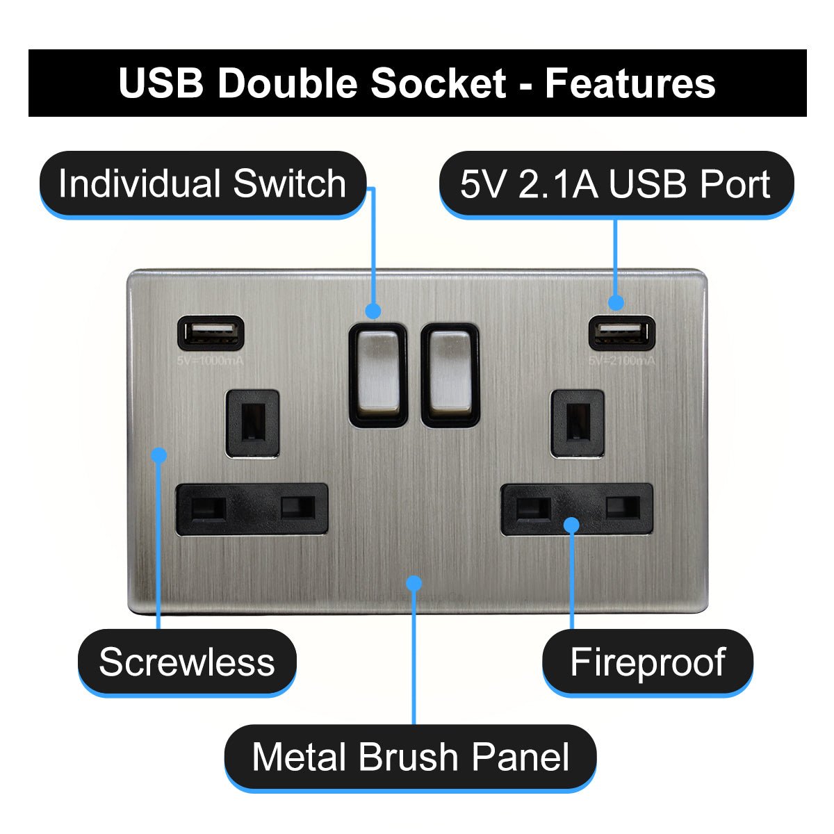 Gloss Brush Chrome USB Double Wall Plug Socket 2 Gang 13A with 2 USB Charger Port Outlets Socket Plate N776DME - Energy Light Bulbs - Free delivery on all orders