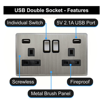 Gloss Brush Chrome USB Double Wall Plug Socket 2 Gang 13A with 2 USB Charger Port Outlets Socket Plate N776DME - Energy Light Bulbs - Free delivery on all orders
