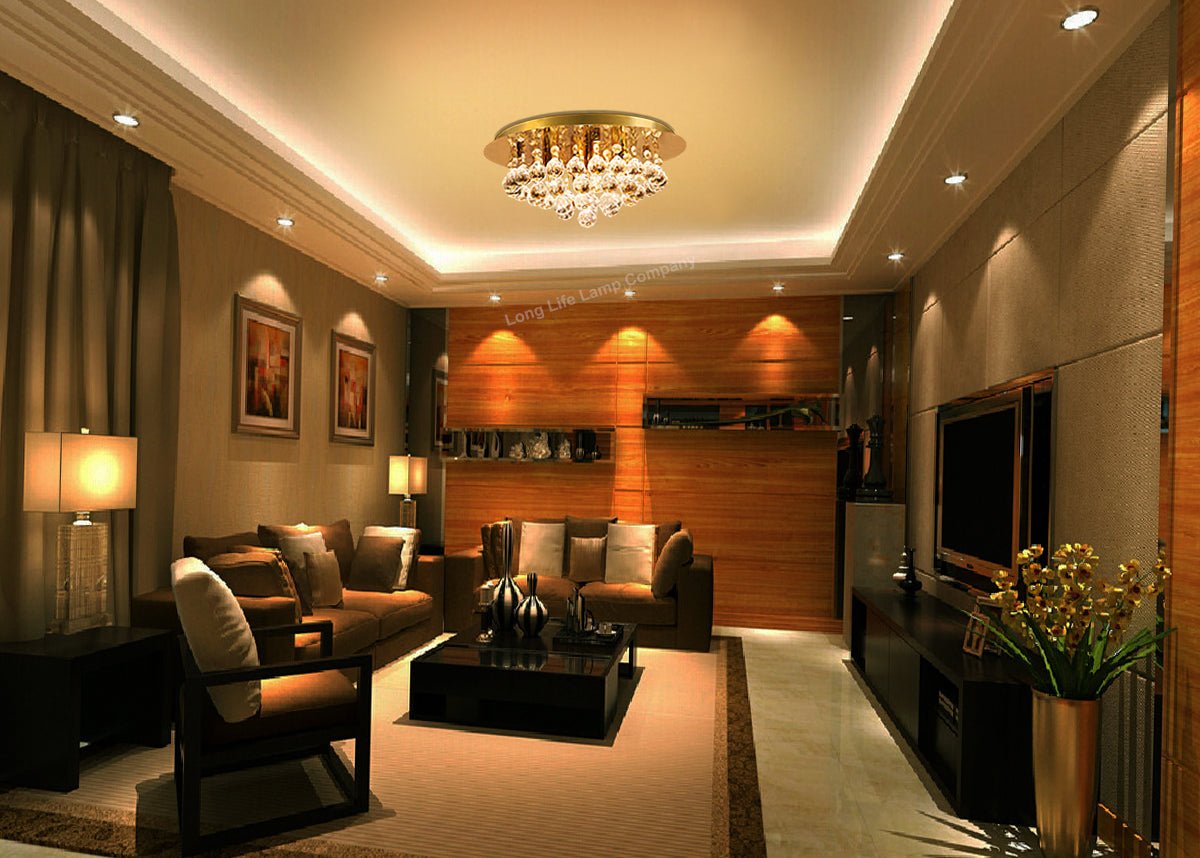 Gold Modern Round Chandelier Ceiling Light Crystal Droplets Gold Base - Energy Light Bulbs - Free delivery on all orders