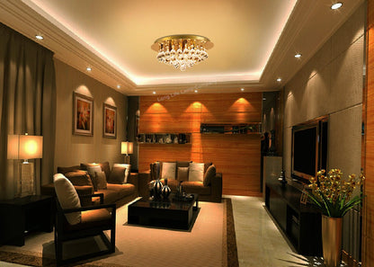 Gold Modern Round Chandelier Ceiling Light Crystal Droplets Gold Base - Energy Light Bulbs - Free delivery on all orders