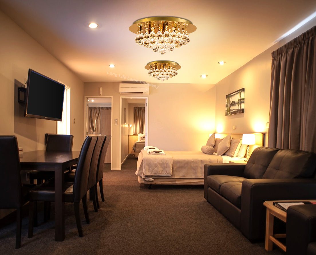 Gold Modern Round Chandelier Ceiling Light Crystal Droplets Gold Base - Energy Light Bulbs - Free delivery on all orders