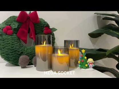 Set Of 3 USB Rechargeable LED Wax Smoked Grey Glass Flameless Candles With Remote Control
