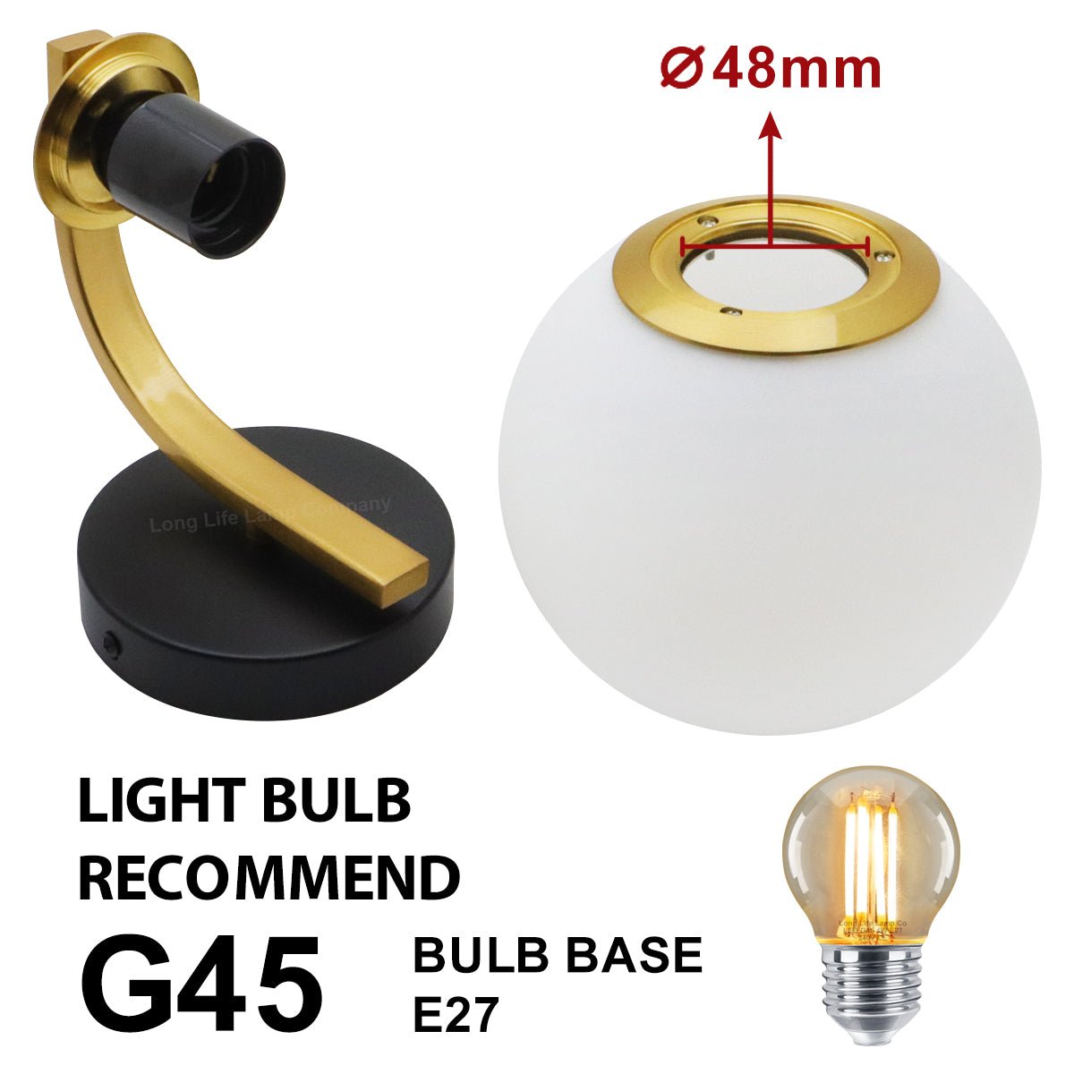 Indoor Brass Opal Globe Frosted Glass Wall Light H3138 - Energy Light Bulbs - Free delivery on all orders
