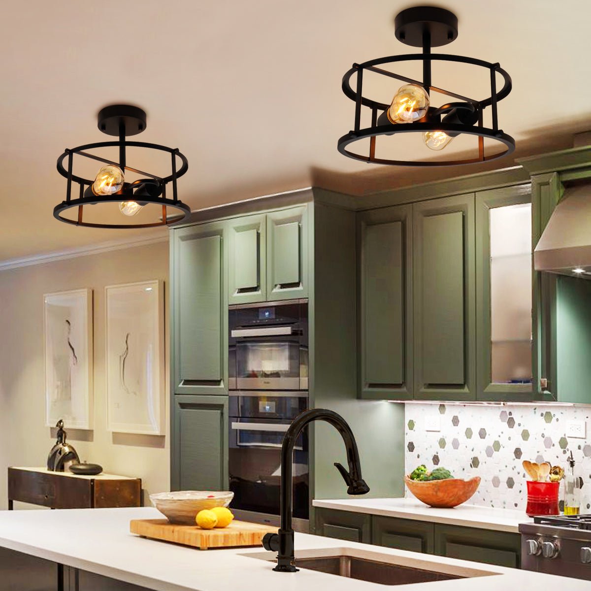 Industrial Black Ceiling Light Round 2 Light Drum Shade Lantern Semi Flush Mount - Energy Light Bulbs - Free delivery on all orders