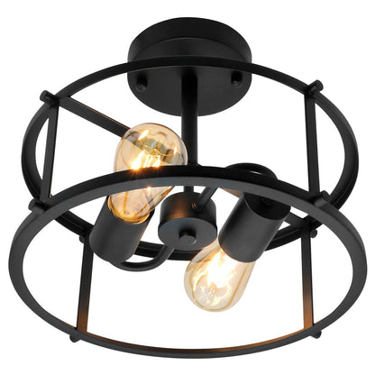 Industrial Black Ceiling Light Round 2 Light Drum Shade Lantern Semi Flush Mount - Energy Light Bulbs - Free delivery on all orders